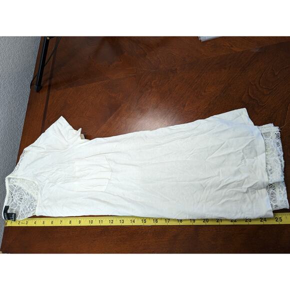 Forever 21 Lace Back Blouse S Cream Crew‎ Neck Short Sleeve Romantic Staple Work - Picture 6 of 7